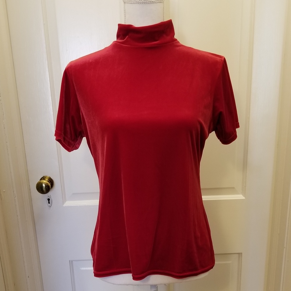 Red Velour Blouse Mock Turtleneck Kathy Ireland